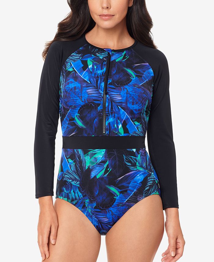 Reebok Swim Neon Visions Printed Zip Long-Sleeve One-Piece Swimsuit ...