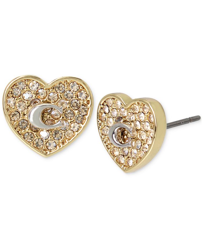 COACH Two-Tone Signature C Pavé Heart Stud Earrings - Macy's