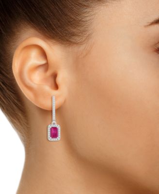 Emerald (1-1/8 ct. t.w.) & Diamond (1/3 ct. t.w.) Leverback Drop Earrings in Sterling Silver (Also in Ruby & Sapphire)