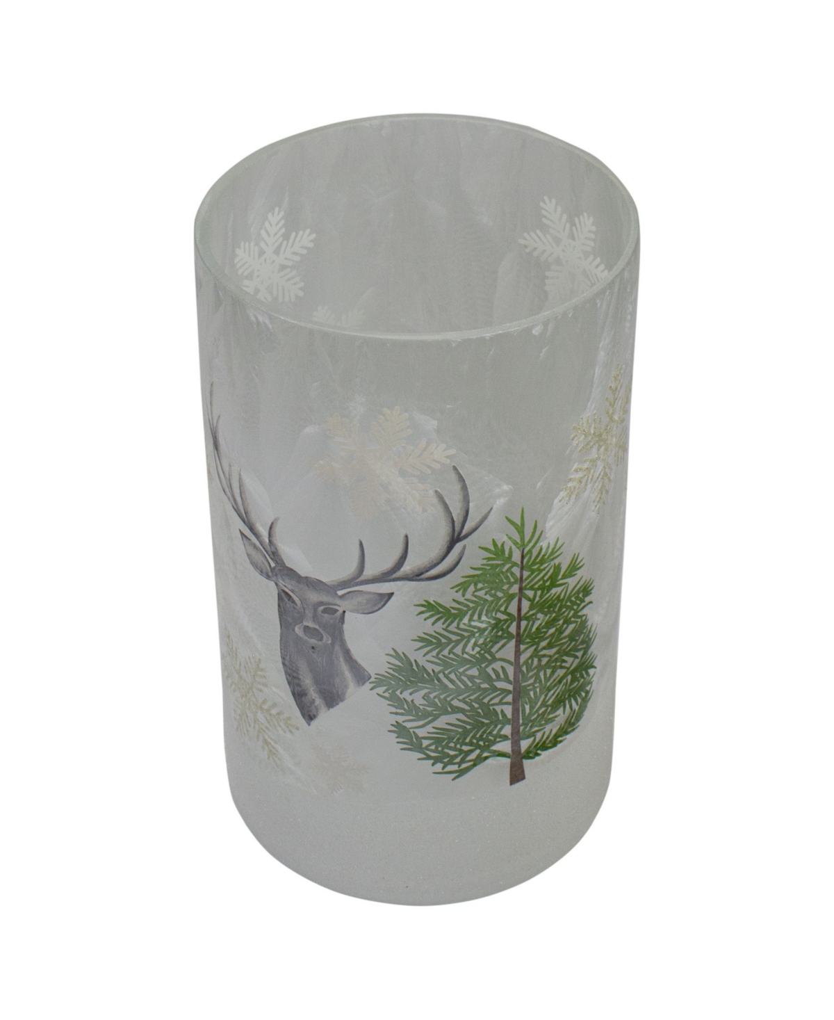 Deer Pine and Snowflakes Hand Painted Flameless Glass Christmas Candle Holder