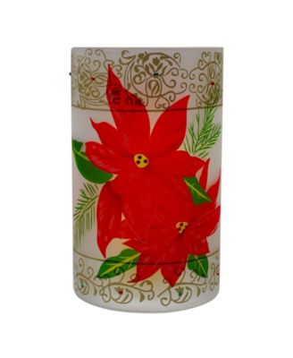 10" Hand-Painted Poinsettias and Flameless Glass Christmas Candle Holder