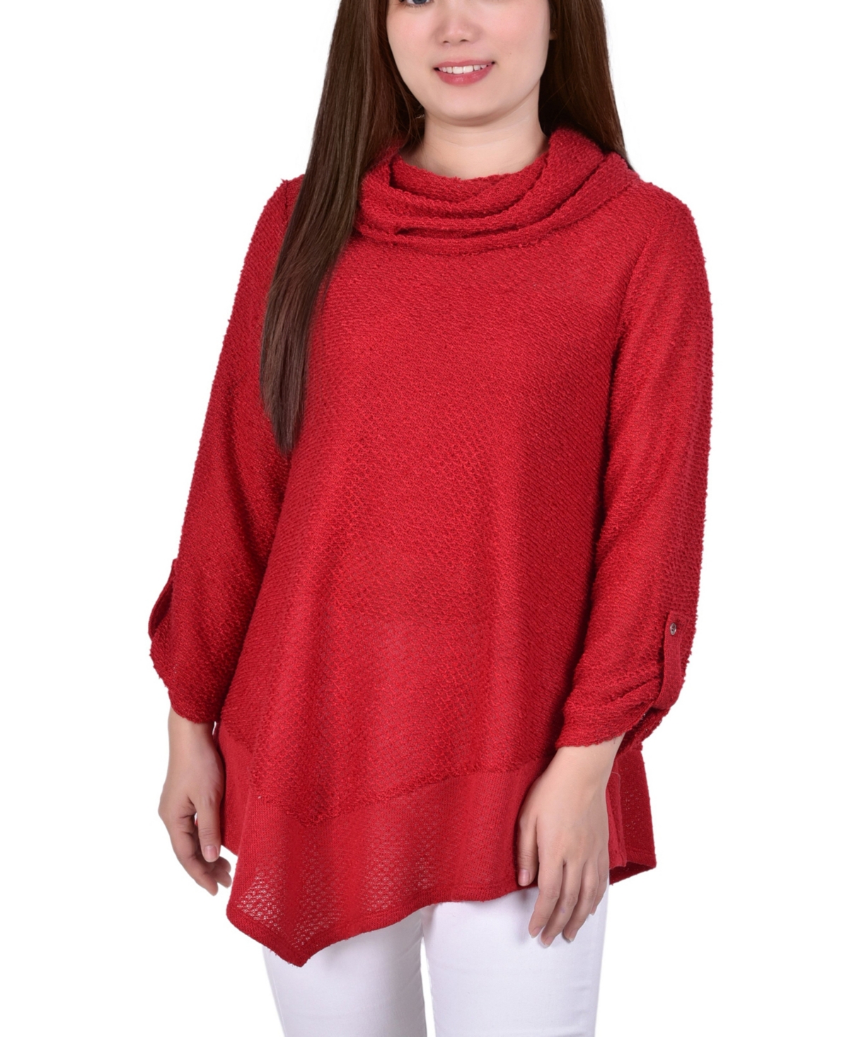 Ny Collection Petite Cowlneck V-hem Sweater In Red