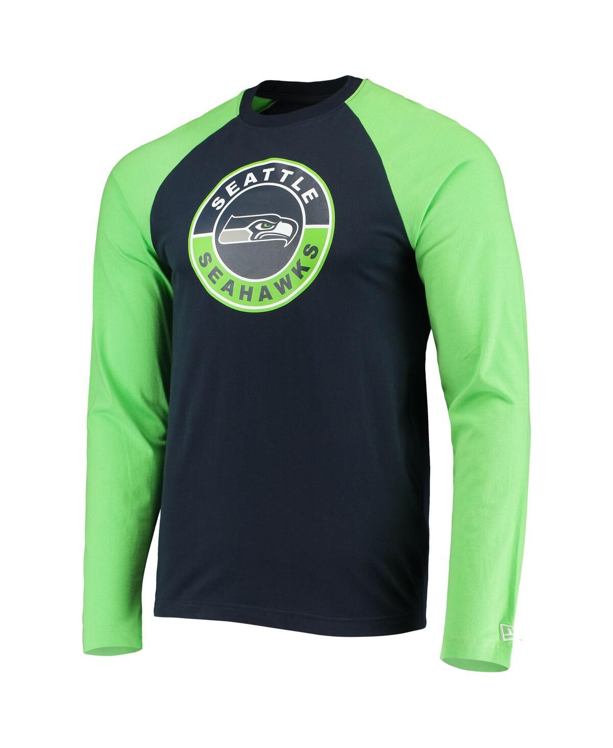 NEW ERA MEN'S COLLEGE NAVY, NEON GREEN SEATTLE SEAHAWKS LEAGUE RAGLAN LONG SLEEVE T-SHIRT 