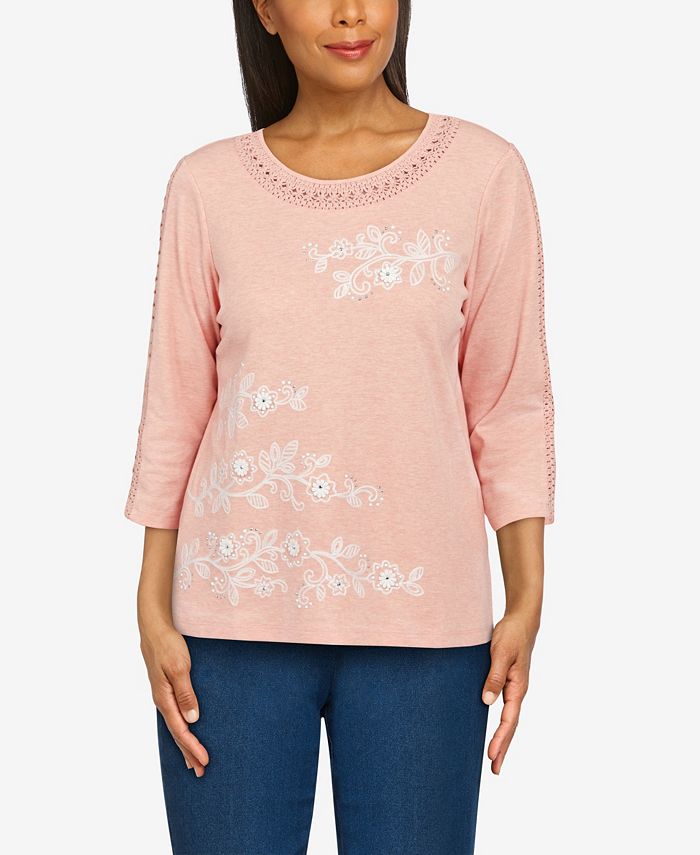Alfred Dunner Petite Peachy Keen Floral Lace Embroidery Top - Macy's