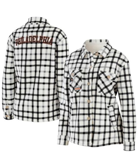 Женские куртки WEAR by Erin Andrews Women's Oatmeal Philadelphia Flyers Plaid Button-Up Shirt Jacket