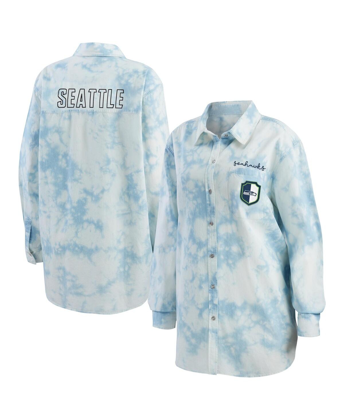 WEAR BY ERIN ANDREWS WOMEN'S DENIM SEATTLE SEAHAWKS CHAMBRAY ACID-WASHED LONG SLEEVE BUTTON-UP SHIRT
