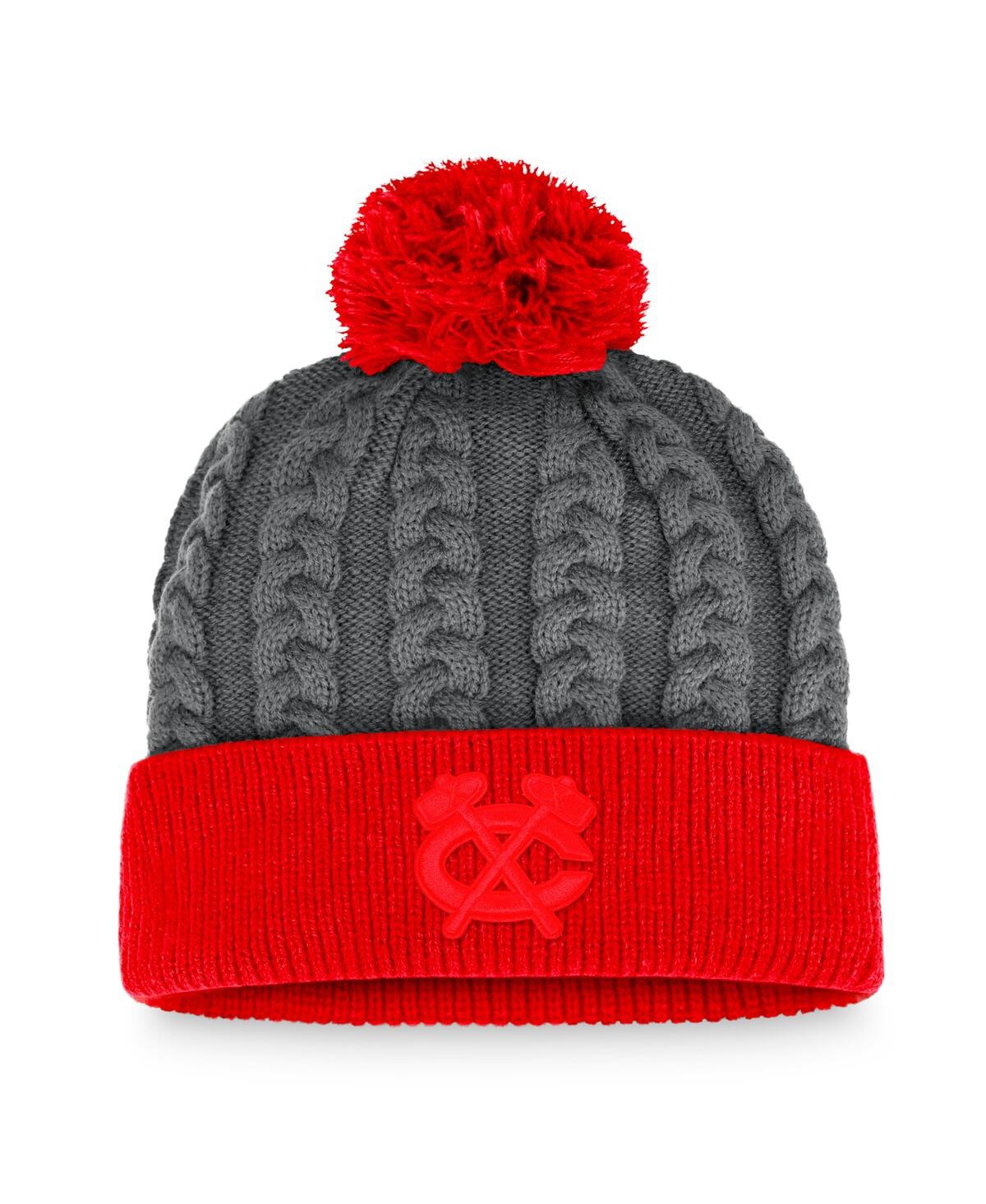 Fanatics Women's Charcoal And Red Chicago Blackhawks Cuffed Knit Hat With Pom In Charcoal,red