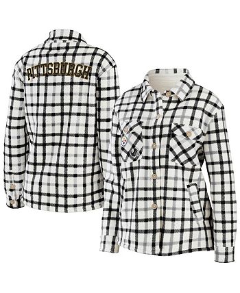 Women's Wear by Erin Andrews Oatmeal/Black Pittsburgh Steelers Plaid Button-Up Shirt Jacket Size: Extra Small