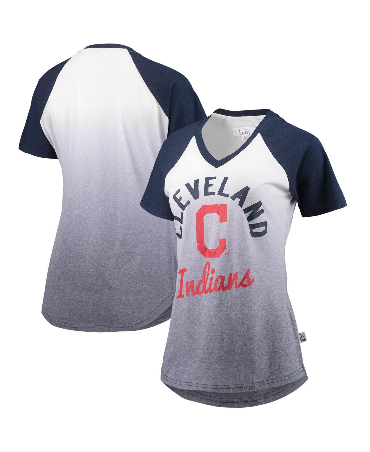Women's Navy and White Cleveland Indians Shortstop Ombre Raglan V-Neck T-shirt - Navy, White