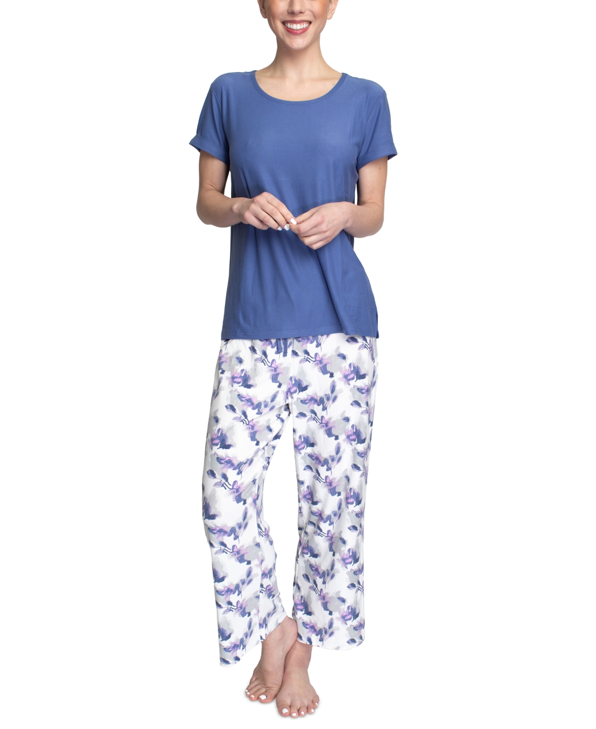 Hanes Super Soft Knit Short-sleeve Top And Open-leg Pajama Pants Set In ...