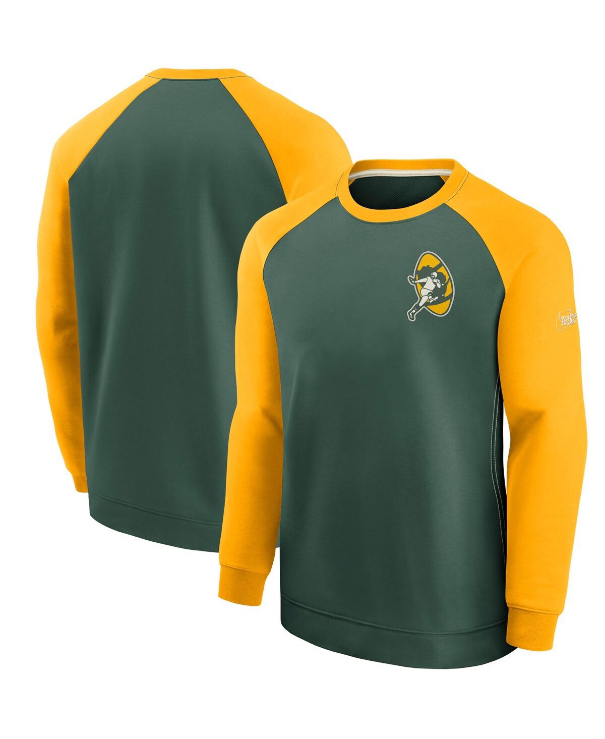 Nike Men's  Green And Gold Green Bay Packers Historic Raglan Crew Performance Sweater In Green,gold