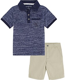 Little Boys Contrast Jersey Polo Shirt and Twill Shorts, 2 Piece Set
