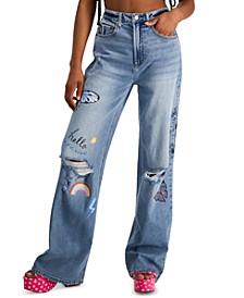 Juniors' Graphic Ripped Wide-Leg Jeans 
