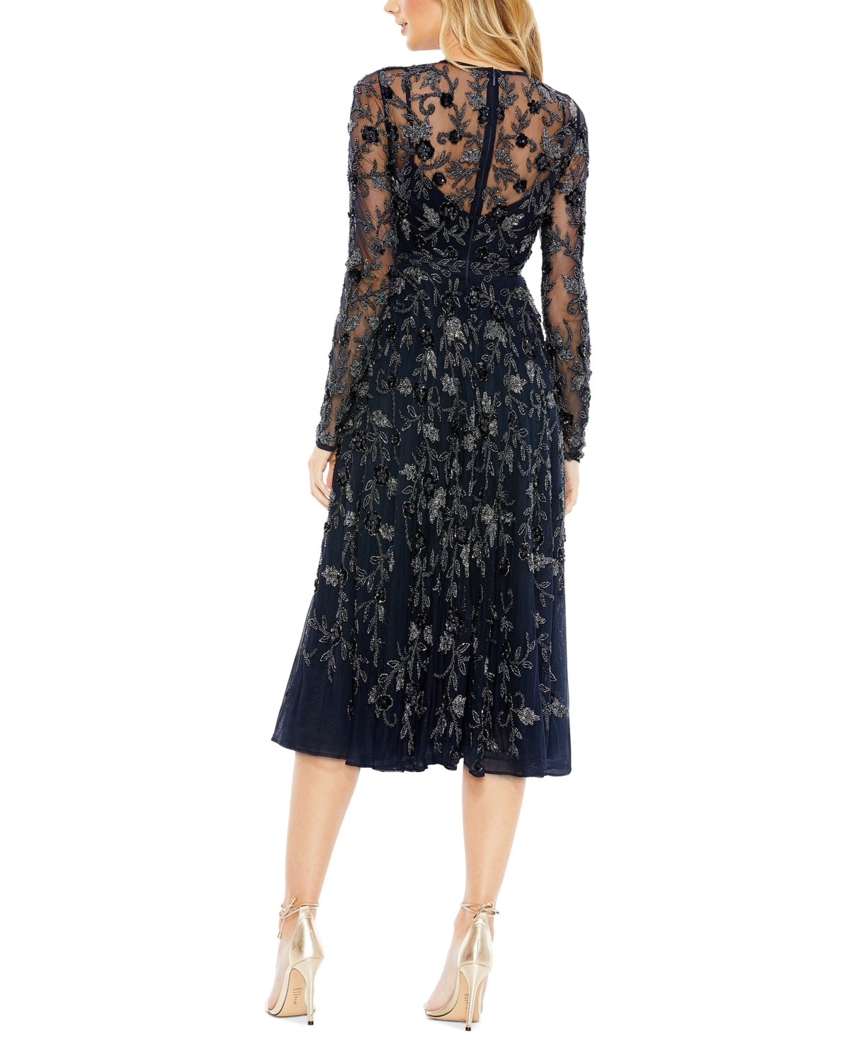 Mac Duggal Women's Beaded Illusion High Neck Long Sleeve A Line Midi