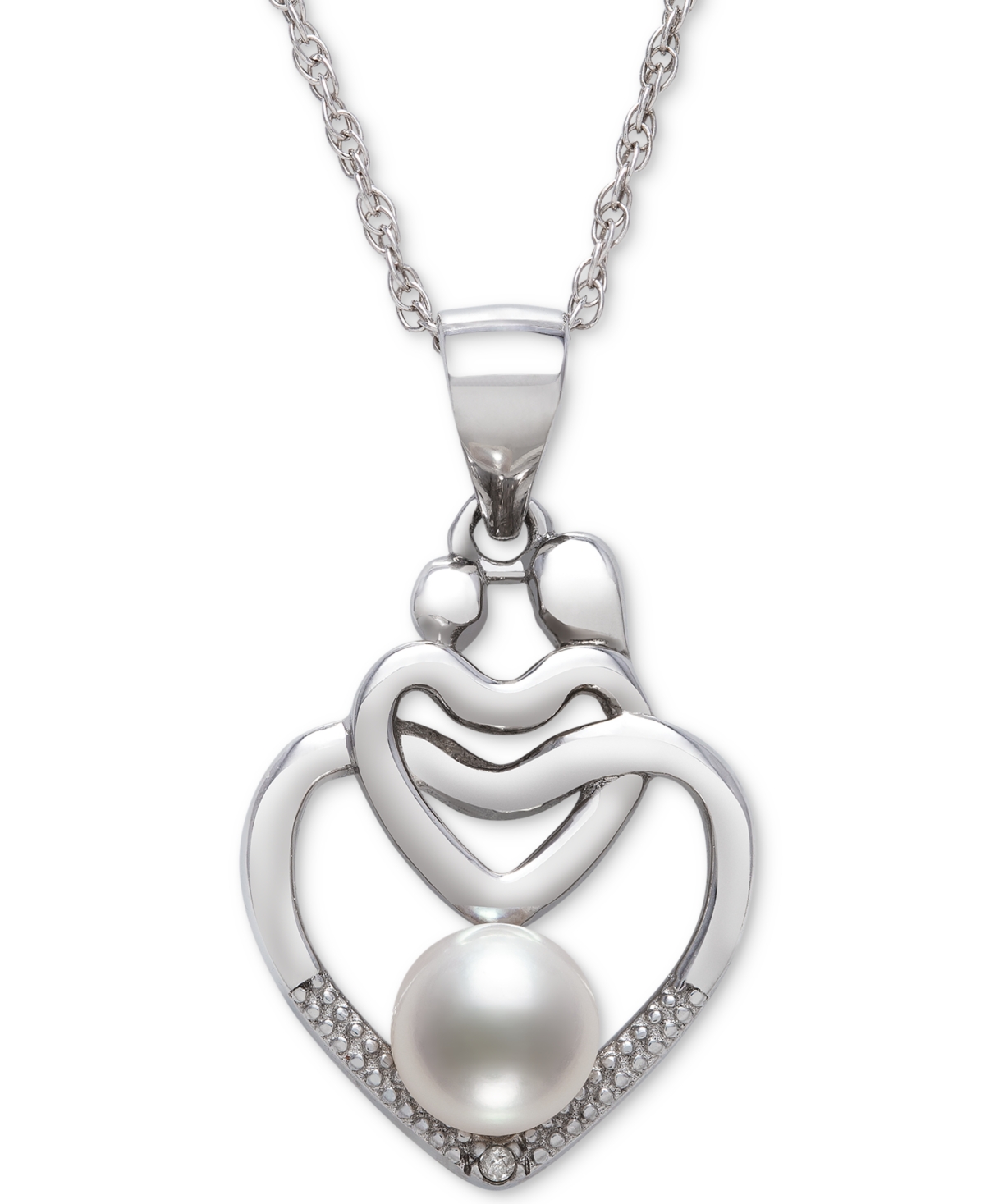 Cultured Freshwater Pearl (5mm) & Diamond Accent Mother & Child Heart 18" Pendant Necklace in Sterling Silver - Sterling Silver