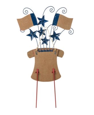 Wooden and Metal Patriotic Flags Yard Stake or Wall Decor Kd, Two Function, 30.25"