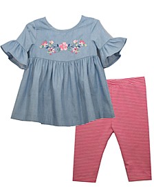 Baby Girls Three Quarter Bell Sleeved Top with Striped Capri Pants, 2 Piece Set