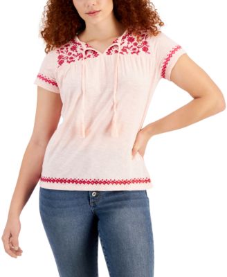 Style & Co - Women's Embroidered Split-Neckline Top