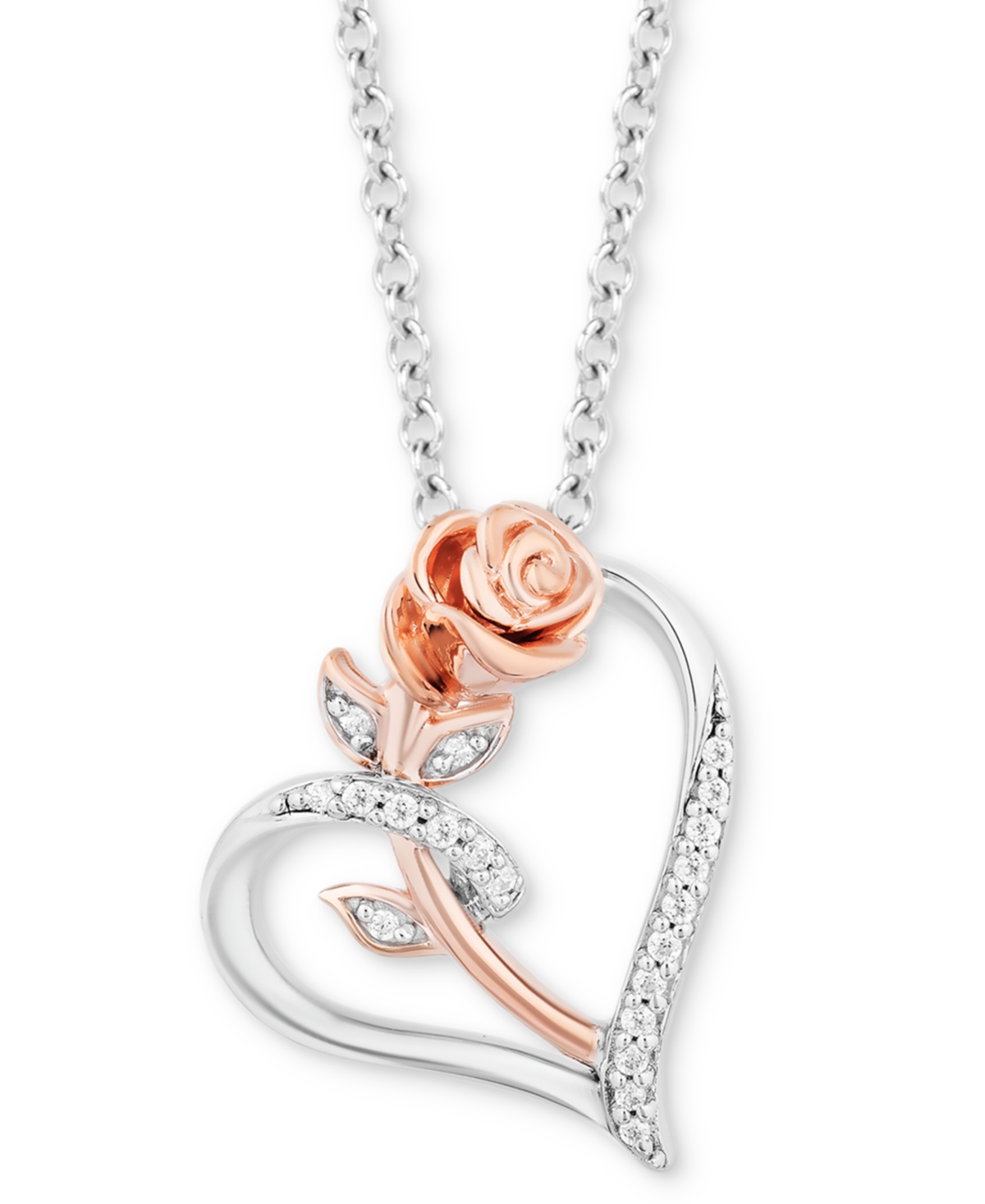 Diamond Belle Rose Heart Pendant Necklace (1/10 ct. t.w.) in Sterling Silver & 14k Rose Gold, 16" + 2" extender - Sterli