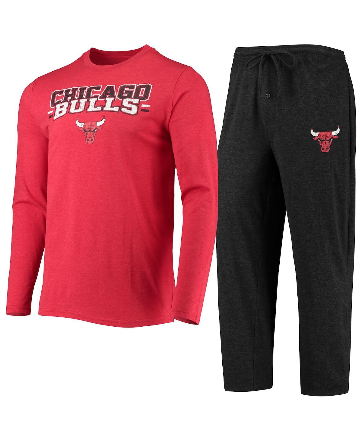 Concepts Sport Men's  Heather Black, Red Chicago Blackhawks Meter Long Sleeve T-shirt And Pants Sleep In Black,red