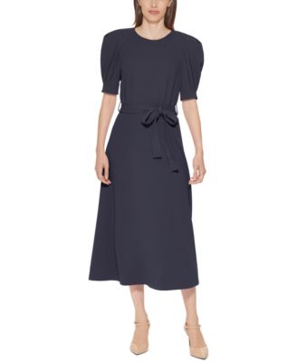 Calvin Klein Puff-Sleeve Belted Midi Dress - Macy's