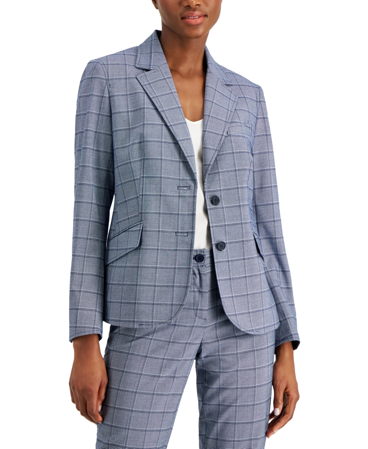 Anne Klein Womens Plaid Print Notched Collar Blazer Pull On Ankle