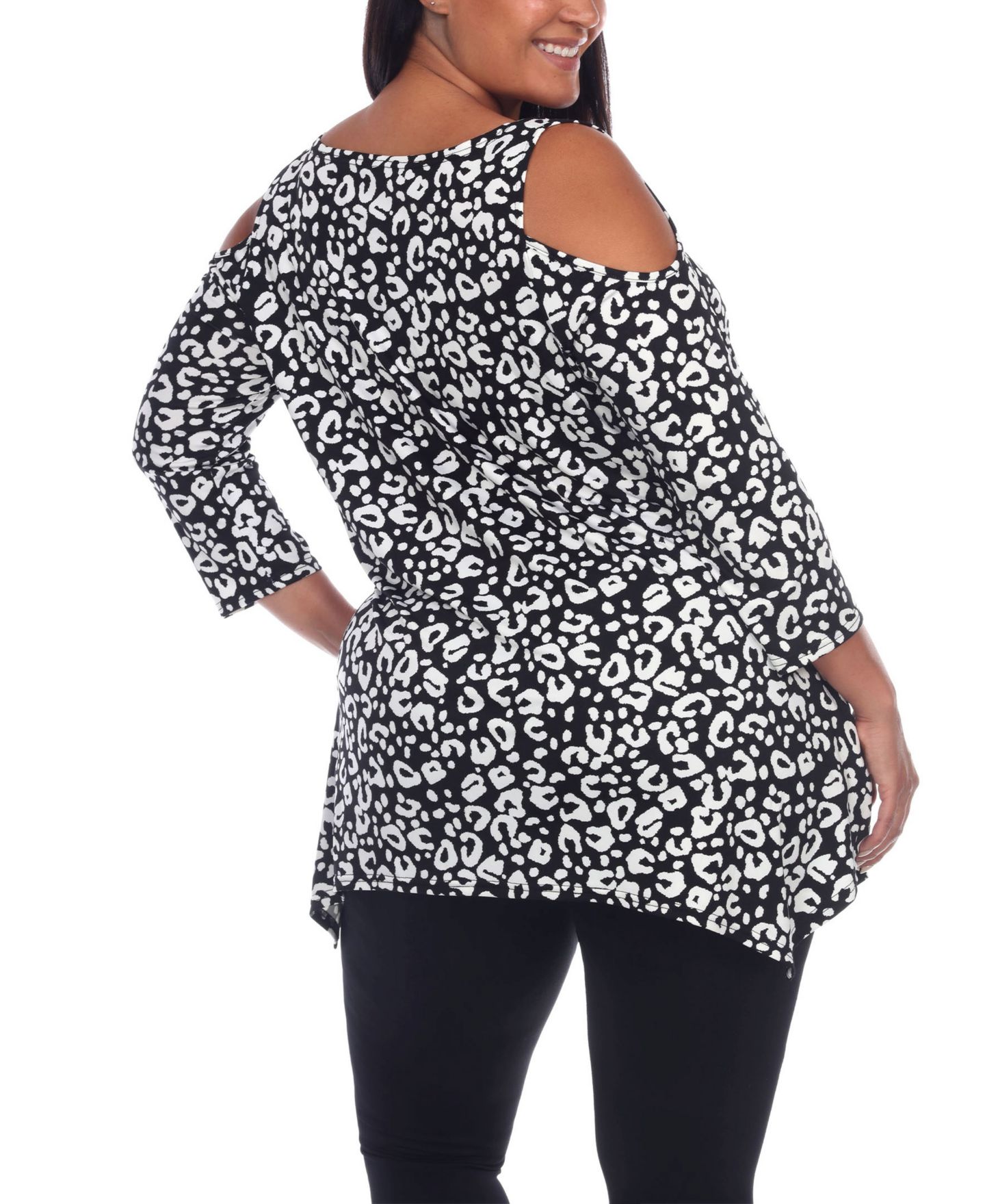Женский топ White Mark Plus Size Leopard Cold Shoulder Tunic Top, цвет: Чёрный леопардовый — фото 2