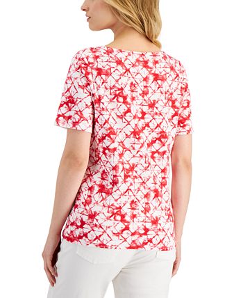 CHARTER CLUB Womens White Printed 3/4 Sleeve Boat Neck Top main image 0