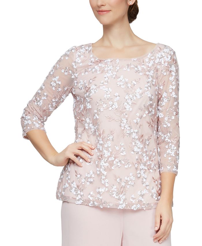 Alex Evenings Embroidered Sequin 3/4-Sleeve Top - Macy's