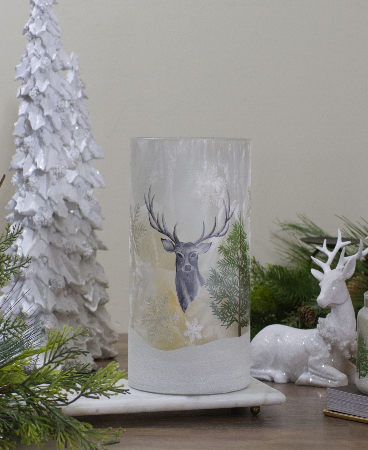 Deer Pine and Snowflakes Hand Painted Flameless Glass Christmas Candle Holder
