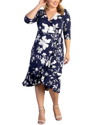 Plus Size Flirty Flounce Midi Wrap Dress with 3/4 Sleeves