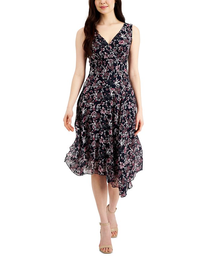 Connected Petite Printed Chiffon Asymmetrical Hem Dress Macy s