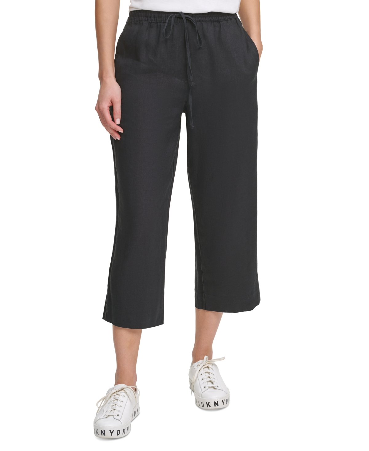 Dkny Pull-on Drawstring Crop Linen Pants In Black