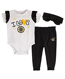 Girls Infant White, Black Boston Bruins I Love Hockey Bodysuit Pants and Headband Set