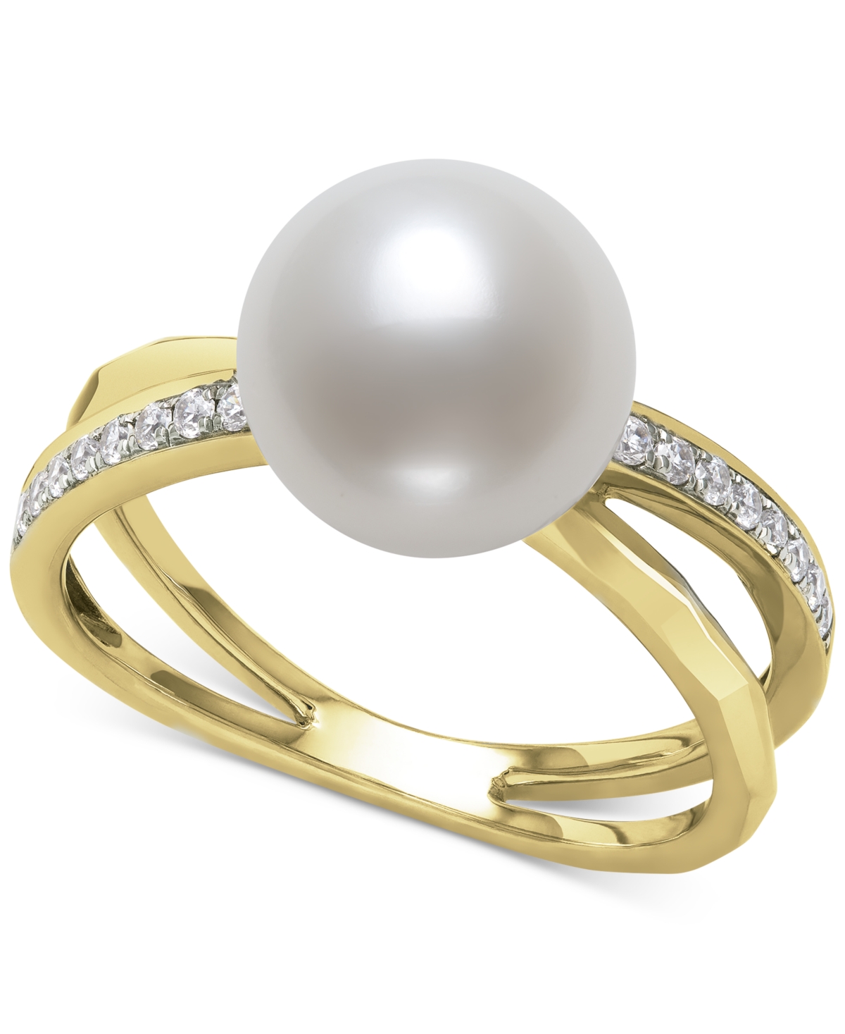 Belle de Mer Cultured Freshwater Pearl (8mm) & Diamond (1/10 ct. t.w.) Crisscross Ring in 14k White Gold, Created for Macy's