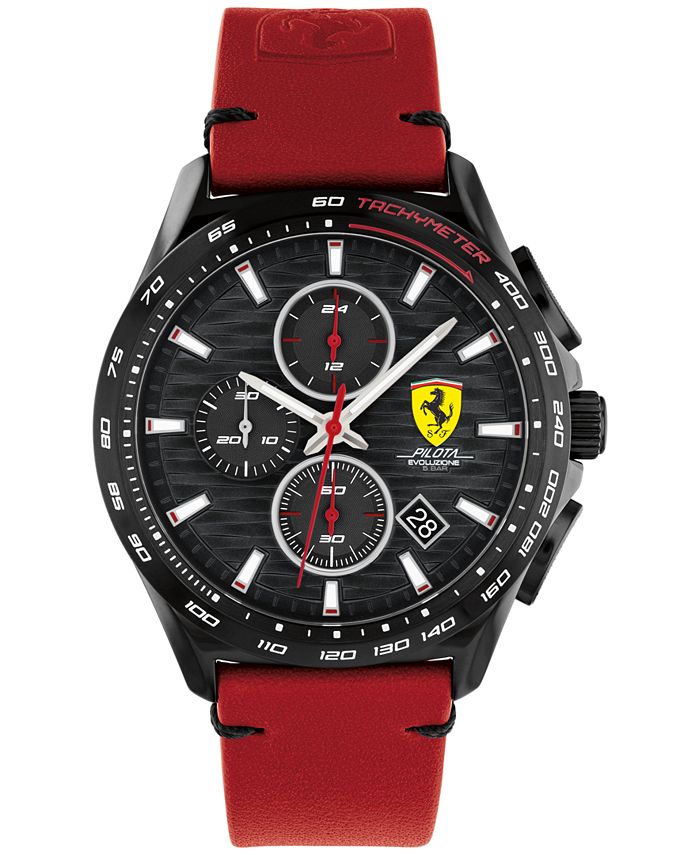 Ferrari Men s Chronograph Pilota Evo Red Leather Strap Watch 44mm