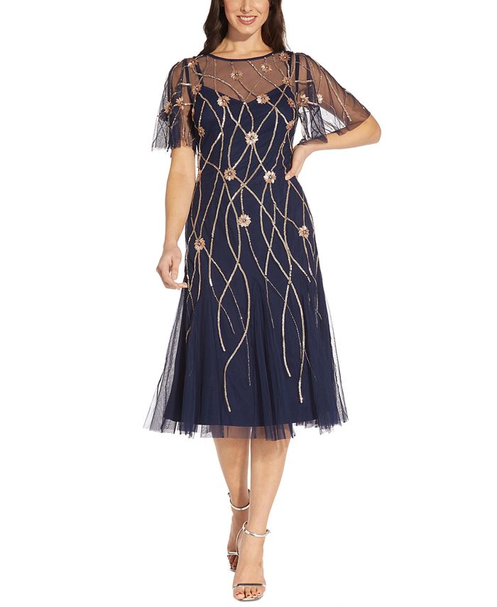 Adrianna Papell - Flutter-Sleeve Embellished Party Dress