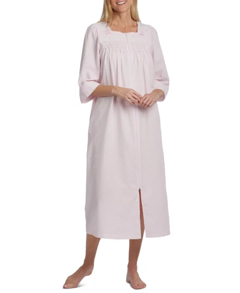 Petite Long Zipper Seersucker Robe - Pink