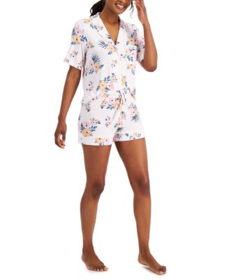 Photo 1 of SIZE M Jenni Women's Notch Collar Top & Shorts Sleep Set, Top: hits at hip; jersey fabric; left chest pocket; piping trim; notch collar; button-front closures; short sleeves. Bottom: approx. inseam: 3"; jersey fabric; piping hem; drawstring at elastic wai