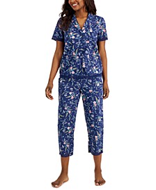 Women's Printed Cotton Notch-Collar & Cropped Pajama Pants Set, Created For Macy's