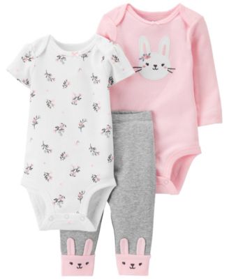 Carter's - Baby Girls 3-Pc. Cotton Kangaroo Bodysuits & Pants Set