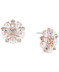 Rose Gold-Tone Crystal & Imitation Pearl Flower Button Earrings, Created for Macy's