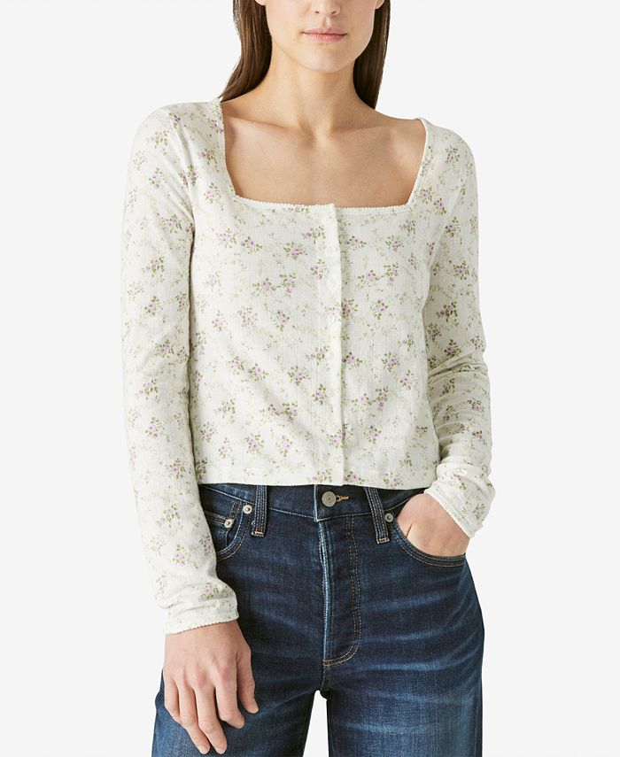 Lucky Brand Pointelle Floral-Print Cardigan - Macy's