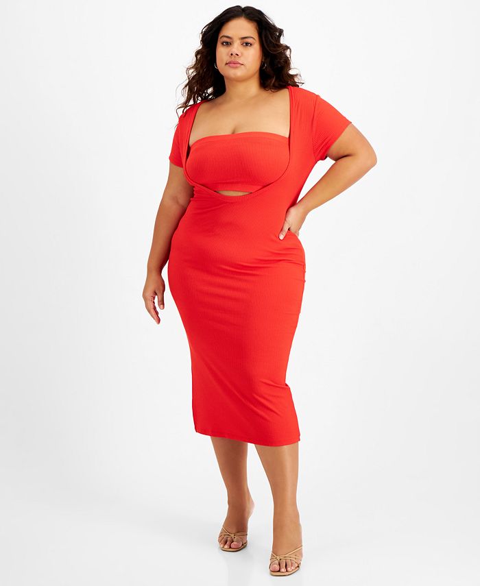 Plus Red Ribbed Scoop Neck Bodycon Dress