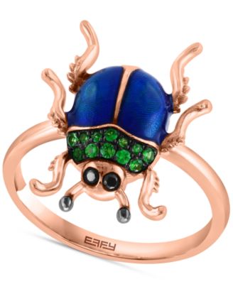 EFFY Collection - Tsavorite (1/6 ct. t.w.) & Black Diamond Accent Beetle Ring in Blue Enamel & 14k Rose Gold