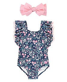 Baby Girls Butterfly Swimsuit with Headband, 2-Piece Set