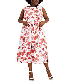 Plus Size Floral-Print Fit & Flare Belted Midi Dress