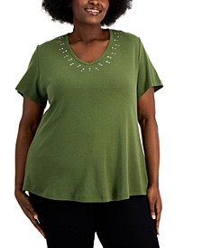 Plus Size Cotton Embellished-V-Neck Top, Created for Macy's