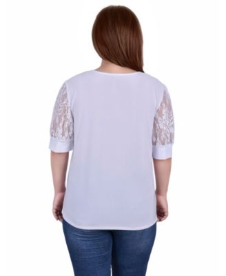 Plus Size Short Puff Sleeve Top with Lace Sleeves and Yoke