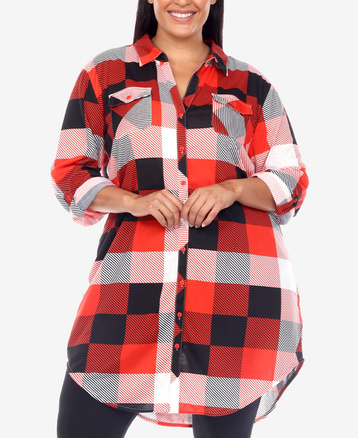 Shop White Mark Plus Size Plaid Tunic Shirt In Red And Black